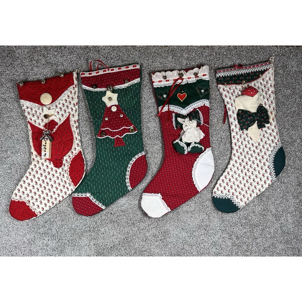Vintage Handmade Quilted Christmas‎ Stockings Lot of 4 Bells Lace Hearts